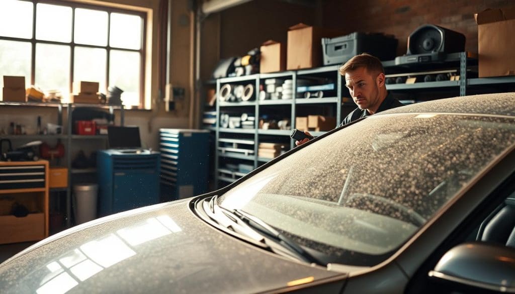 A detailed and organized garage scene featuring a high-mileage car, such as a well-maintained sedan, parked in the foreground. The vehicle is being inspected by a mechanic in professional attire, using diagnostic tools. In the middle ground, shelves filled with automotive tools and spare parts are visible, creating a sense of order and readiness. The background showcases a large window allowing natural light to stream in, illuminating dust particles in the air, enhancing the atmosphere of diligence and care. The lighting is warm and inviting, emphasizing the importance of establishing a reliable baseline for vehicle maintenance. Shot with a moderate angle to capture both the car and the mechanic’s focused expression, evoking a mood of professionalism and dedication to vehicle reliability. No text or logos present.