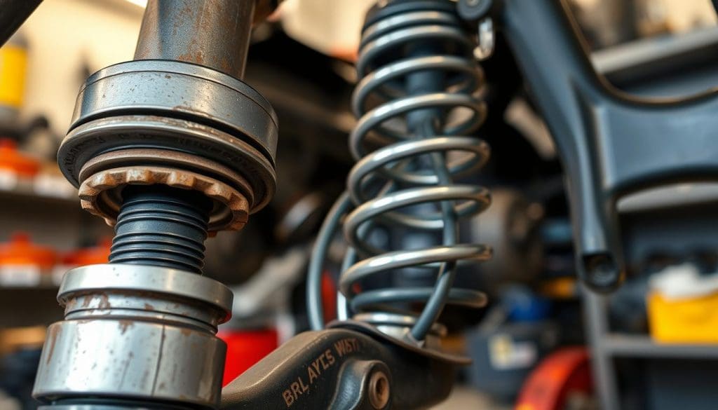 A detailed close-up of a car suspension system focused on the shock absorber, coil spring, and control arms, showcasing the intricate components in a well-lit garage environment. The foreground features the shock absorber with a shiny metallic finish, highlighting wear and tear signs such as rust and leaks. In the middle, the coil spring curves elegantly, emphasizing its tension and engineering design. The background includes blurred shelves with automotive tools and parts, creating a workshop atmosphere. Use soft, natural lighting to accentuate the textures and materials of the suspension system, captured from a slightly elevated angle to provide depth. The mood is technical and informative, aiming to engage readers with a clear view of suspension components needing repair. A detailed close-up of a car suspension system focused on the shock absorber, coil spring, and control arms, showcasing the intricate components in a well-lit garage environment. The foreground features the shock absorber with a shiny metallic finish, highlighting wear and tear signs such as rust and leaks. In the middle, the coil spring curves elegantly, emphasizing its tension and engineering design. The background includes blurred shelves with automotive tools and parts, creating a workshop atmosphere. Use soft, natural lighting to accentuate the textures and materials of the suspension system, captured from a slightly elevated angle to provide depth. The mood is technical and informative, aiming to engage readers with a clear view of suspension components needing repair.