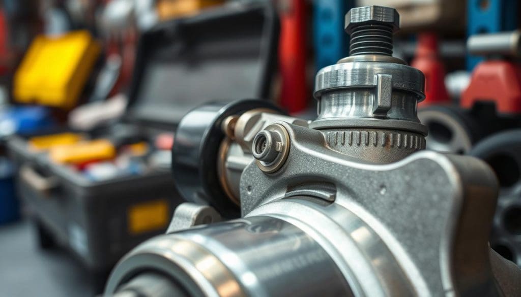 A detailed close-up of a starter motor, showcasing its intricate mechanical components like the solenoid, gears, and housing. The foreground highlights the shiny metal casing with reflections of light, emphasizing its robust design. In the middle ground, a blurred mechanic’s toolbox is partially visible, suggesting a repair environment. The background includes hints of a garage with tools and car parts organized neatly. The lighting should be bright yet soft, mimicking a well-lit workshop atmosphere, enhancing the metallic textures of the starter motor. The angle is slightly tilted to give a dynamic view, creating a mood of professionalism and expertise essential for automotive repairs.