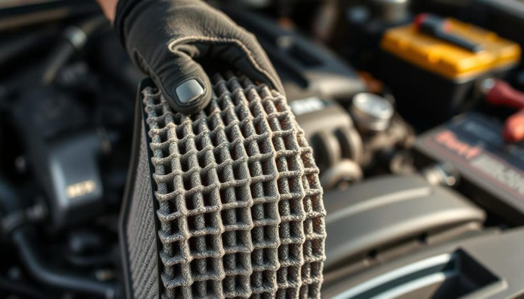 A detailed close-up of an engine air filter prominently displayed in the foreground, showcasing its textured material and intricate pleats. The air filter is slightly dusty, suggesting wear and in need of inspection. In the middle ground, a hand wearing a mechanic’s glove is holding the filter, illustrating the maintenance aspect. The background features a blurred garage setting with tools and an engine partially visible, enhancing the automotive context. Soft, natural lighting illuminates the scene, casting gentle shadows that highlight the filter's contours. The atmosphere is practical and focused, aiming to convey a sense of careful attention to detail in engine maintenance.