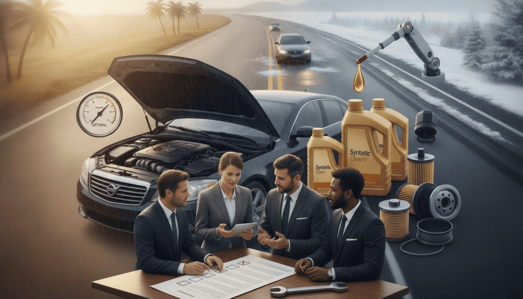 A detailed illustration depicting the factors affecting synthetic oil change frequency and driving conditions. In the foreground, display a diverse group of professional individuals in business attire, discussing vehicle maintenance with a checklist in hand. The middle layer shows a car engine open, displaying various oil types, filters, and gauges to indicate oil levels and quality. In the background, a scenic road with varying weather conditions – sunny, rainy, and snowy – illustrates different driving environments. Soft, natural lighting enhances the professional atmosphere, while a slight depth of field focuses attention on the foreground activity. The overall mood is informative and engaging, reflecting the importance of proper vehicle maintenance. No text, logos, or watermarks present.