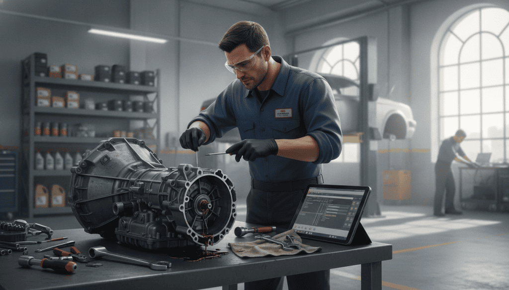 A detailed illustration of a car transmission undergoing a diagnostic inspection in a bright, well-organized automotive repair shop. In the foreground, a mechanic in professional attire, wearing gloves and safety glasses, examines the transmission, revealing signs of wear and fluids pooling, indicating slipping. The mechanic is focused, with tools scattered nearby, including wrenches and a diagnostic computer. In the middle ground, automotive equipment and shelves filled with spare parts create a busy workshop atmosphere. The background features large windows letting in natural light, enhancing the clarity of the scene. The entire image conveys urgency and professionalism, emphasizing the seriousness of transmission issues while maintaining a clean and safe environment. The composition captures a realistic, informative look at what repair costs may entail.