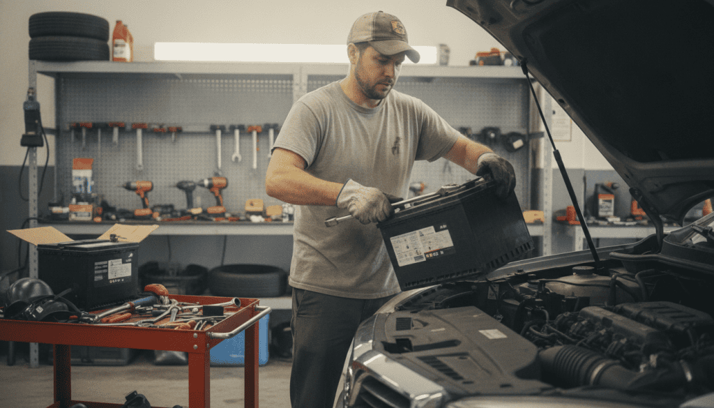 A detailed view of a car battery replacement process, showcasing a mechanic in a modest, casual outfit working in a well-lit garage. In the foreground, the mechanic is removing a car battery, tools like a wrench and gloves nearby, displaying concentration on the task. The middle ground features the car hood raised, with some automotive parts scattered around, emphasizing an organized workspace. In the background, there are shelves filled with automotive tools and equipment, adding context to the scene. The overall atmosphere is focused and industrious, illuminated by bright fluorescent lights, with a warm undertone suggesting the hot climate of San Antonio. Capture the moment from a slightly low angle, highlighting the action while keeping the setting clear and realistic.