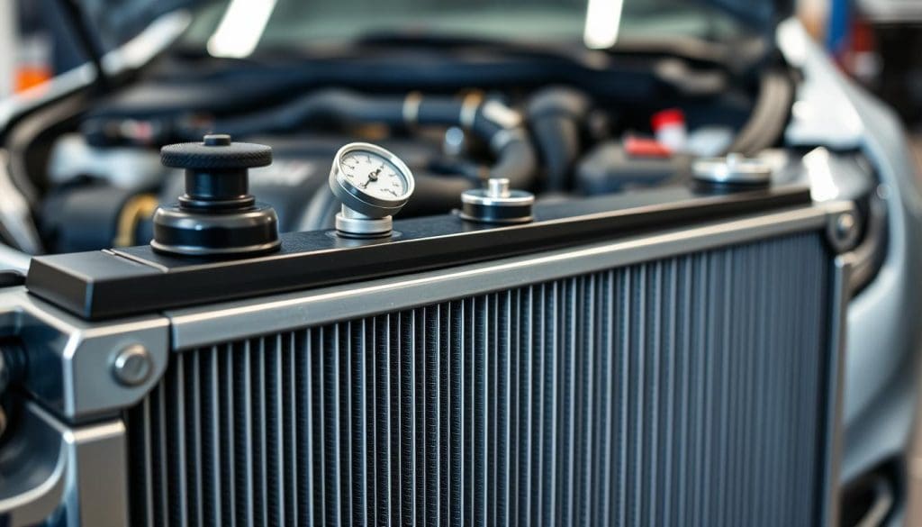 A detailed view of a modern automotive cooling system, showcasing a sleek radiator with gleaming metal fins in the foreground, highlighted by soft, even lighting to emphasize the technological features. In the middle ground, include hoses and components, such as a thermometer and thermostat, arranged neatly, showcasing their functionality. The background features a blurred engine compartment of a car, evoking a garage setting with subtle hints of tools and equipment. Capture the atmosphere of professional maintenance, suggesting a sense of care and diligence in vehicle upkeep. Use a slightly elevated angle to allow for depth and clarity in depicting the cooling system's intricate details, with soft shadows to add dimension and warmth. Aim for a mood that conveys reliability and expertise.