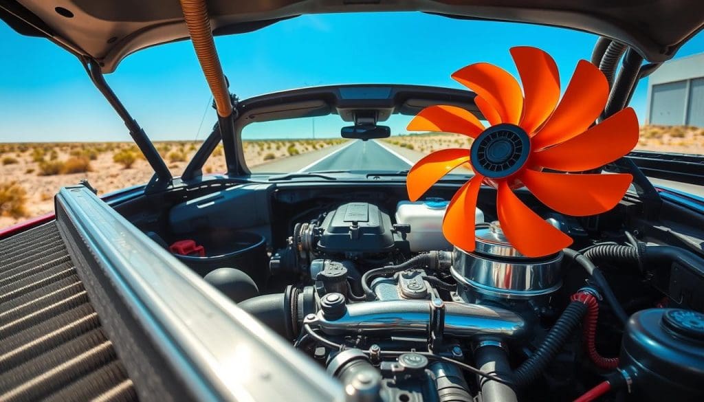 A detailed view of a modern car's cooling system, featuring a shiny metallic radiator, hoses, and a vibrant cooling fan. The foreground showcases the engine compartment, with the cooling components glistening under bright sunlight. In the middle, the car's engine is visible, surrounded by essential tools like wrenches and coolant containers, indicating a maintenance environment. In the background, a Texas landscape can be seen with a clear blue sky and heat waves rising from the asphalt, conveying the intensity of the heat. The lighting is bright and dynamic, emphasizing the reflective surfaces of the cooling system, while shadows highlight the depth of the engine bay. The mood is professional and informative, suitable for a car maintenance setting in a hot climate. A detailed view of a modern car's cooling system, featuring a shiny metallic radiator, hoses, and a vibrant cooling fan. The foreground showcases the engine compartment, with the cooling components glistening under bright sunlight. In the middle, the car's engine is visible, surrounded by essential tools like wrenches and coolant containers, indicating a maintenance environment. In the background, a Texas landscape can be seen with a clear blue sky and heat waves rising from the asphalt, conveying the intensity of the heat. The lighting is bright and dynamic, emphasizing the reflective surfaces of the cooling system, while shadows highlight the depth of the engine bay. The mood is professional and informative, suitable for a car maintenance setting in a hot climate.