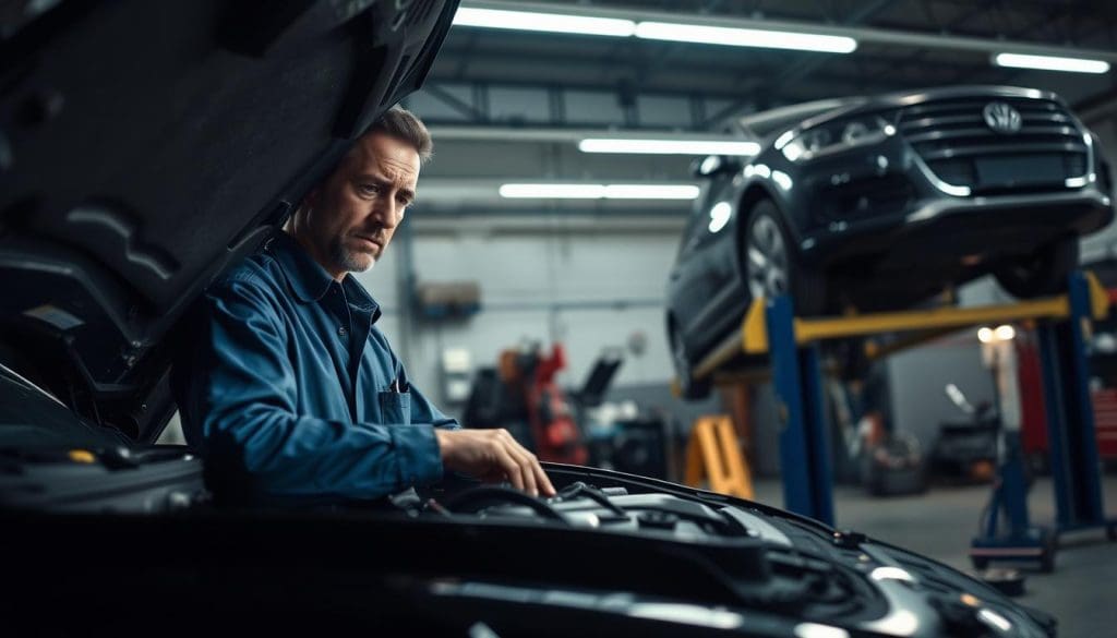 A dramatic scene in a well-lit automotive workshop, depicting a mechanic inspecting a car hood with concern, representing the impact of poor repair processes on vehicle value. In the foreground, a professional mechanic, dressed in a clean, blue uniform, is examining the engine with a focused expression. The middle ground features an assortment of tools and parts scattered on a workbench, emphasizing the repair environment. In the background, a car is lifted on a hydraulic jack, with a faint glow from overhead fluorescent lights illuminating the space. The atmosphere conveys a sense of urgency and importance, highlighting the consequences of inadequate repairs on long-term car value, with shadows adding depth and contrast to create a realistic, engaging image.