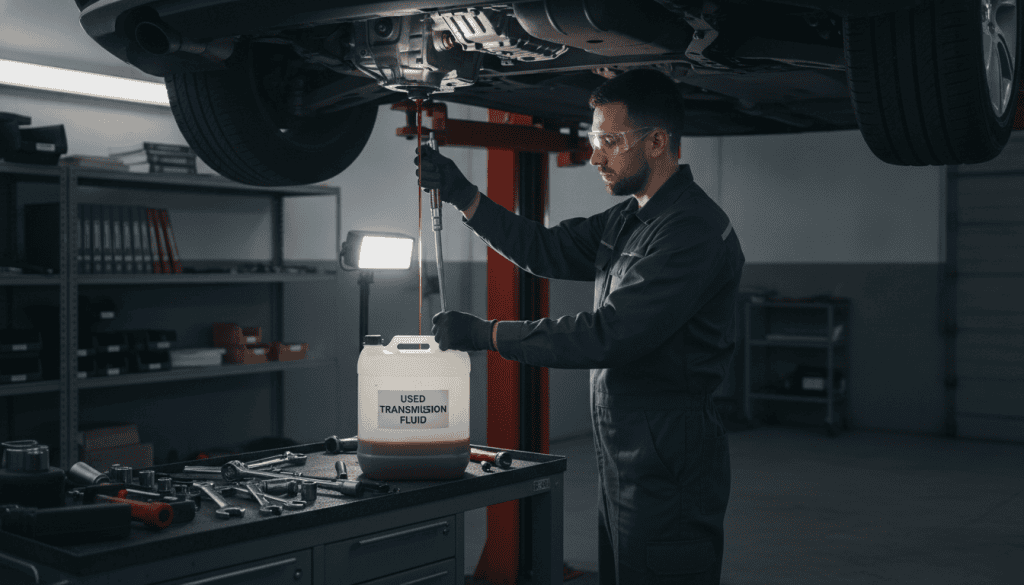 A mechanic in a well-lit automotive workshop is inspecting a car's transmission system, focusing intently on the transmission fluid drainage process. In the foreground, a clean, organized workbench is covered with tools and a clear, labeled container for the old fluid. The mechanic, dressed in smart, professional attire, wears safety glasses and gloves, conveying a sense of expertise and diligence. In the middle ground, the car is elevated on a hydraulic lift, exposing the detailed undercarriage and the transmission component, highlighted by soft, focused lighting that creates a sense of depth. In the background, shelves filled with automotive manuals and tools add context, reinforcing the serious, mechanical atmosphere of the inspection process. The overall mood is professional and informative, capturing the essence of a meticulous transmission inspection. A mechanic in a well-lit automotive workshop is inspecting a car's transmission system, focusing intently on the transmission fluid drainage process. In the foreground, a clean, organized workbench is covered with tools and a clear, labeled container for the old fluid. The mechanic, dressed in smart, professional attire, wears safety glasses and gloves, conveying a sense of expertise and diligence. In the middle ground, the car is elevated on a hydraulic lift, exposing the detailed undercarriage and the transmission component, highlighted by soft, focused lighting that creates a sense of depth. In the background, shelves filled with automotive manuals and tools add context, reinforcing the serious, mechanical atmosphere of the inspection process. The overall mood is professional and informative, capturing the essence of a meticulous transmission inspection.