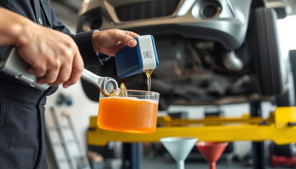 A mechanic in professional business attire is focused on changing transmission fluid in a well-lit garage. In the foreground, a close-up of the mechanic's hands is seen holding a wrench and a transmission fluid container, with a fresh, amber-colored fluid pouring from the container into a clean, transparent receptacle. In the middle ground, various tools, including a funnel and a drain pan, are arranged neatly, showcasing an organized workspace. The background features a car elevated on a hydraulic lift, with the underside of the vehicle visible, highlighting the transmission area. Soft, natural lighting illuminates the scene, creating a calm and professional atmosphere, with a slight depth of field that blurs the background slightly to emphasize the mechanic's precise actions.