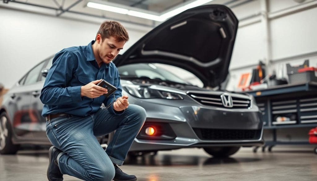 A mechanic kneeling beside a car hood in a well-lit garage, examining the check engine light on the dashboard. The mechanic, wearing a blue shirt and jeans, has a focused expression, holding a diagnostic scanner in one hand and a flashlight in the other. The foreground features the diagnostic tool's screen displaying error codes, while the middle ground shows the sleek contours of the car with the engine bay open, revealing intricate parts. In the background, organized tools and repair manuals are visible on a workbench, providing a professional atmosphere. The garage has soft, diffused overhead lighting, creating a calm and diligent mood, with a shallow depth of field focused on the mechanic's work, highlighting the troubleshooting process.