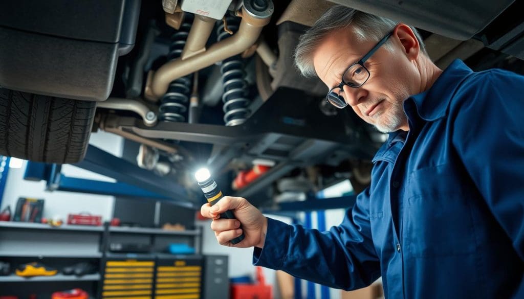 A professional automotive technician inspecting a vehicle's suspension system in a well-lit garage. In the foreground, focus on the technician, a middle-aged person wearing a blue jumpsuit and safety glasses, examining a car's undercarriage with a flashlight. In the middle ground, showcase the car lifted on a hydraulic rack, revealing the suspension components like shock absorbers and springs. The background should have tools and equipment neatly arranged on shelves, enhancing the workshop atmosphere. Soft, diffused lighting highlights the details of the suspension parts while creating a professional, focused mood, emphasizing the importance of thorough inspection and maintenance. The angle should be slightly low, looking up at the technician to convey expertise and attention to detail. A professional automotive technician inspecting a vehicle's suspension system in a well-lit garage. In the foreground, focus on the technician, a middle-aged person wearing a blue jumpsuit and safety glasses, examining a car's undercarriage with a flashlight. In the middle ground, showcase the car lifted on a hydraulic rack, revealing the suspension components like shock absorbers and springs. The background should have tools and equipment neatly arranged on shelves, enhancing the workshop atmosphere. Soft, diffused lighting highlights the details of the suspension parts while creating a professional, focused mood, emphasizing the importance of thorough inspection and maintenance. The angle should be slightly low, looking up at the technician to convey expertise and attention to detail.