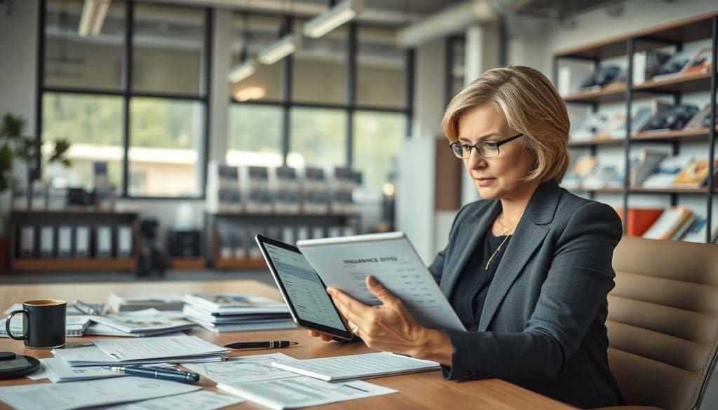 A professional office setting focused on navigating insurance estimates for car repairs. In the foreground, a middle-aged woman dressed in smart business attire sits at a desk, studying a digital tablet displaying an insurance estimate. She has a thoughtful expression, reflecting the complexity of the information. The middle layer features a scattered array of automotive repair documents, pens, and a coffee cup, enhancing the sense of an active work environment. In the background, soft natural light streams through large windows, illuminating a modern office with shelves filled with automotive manuals and insurance brochures. The atmosphere is focused and serious, aiming to convey the importance of understanding insurance estimates. Use a warm color palette and a soft focus lens effect to enhance the professional mood.
