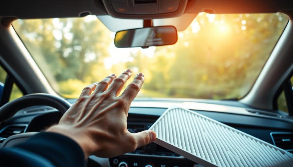 A serene cabin interior showcasing the benefits of clean air quality, featuring a modern vehicle dashboard with a visible air quality monitor displaying optimal levels. In the foreground, a hand gently touches a pristine white cabin air filter, symbolizing maintenance and care. The middle of the image captures a clear view through the windshield, revealing lush greenery outside, emphasizing fresh outdoor air. The background is softly illuminated by warm sunlight streaming through the windows, creating a cozy and inviting atmosphere. The lens should have a slight depth of field to focus on the hand and air filter while gently blurring the background. The overall mood is peaceful and reassuring, highlighting the importance of maintaining clean air for a healthier driving experience.