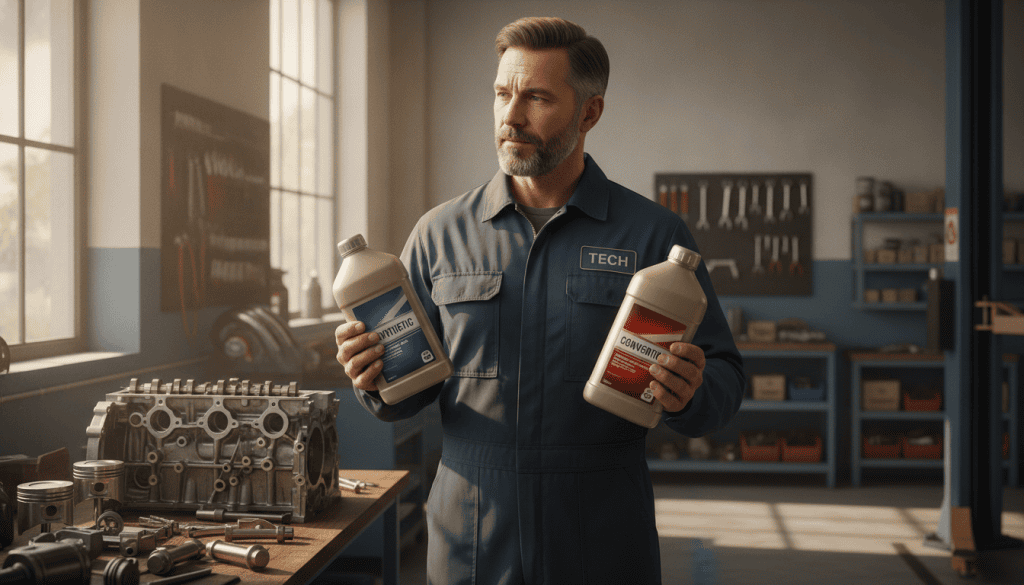 A visually engaging illustration representing the common misconceptions about synthetic oil in a car maintenance context. In the foreground, a mechanic dressed in professional attire examines two engine oil containers labeled "Synthetic" and "Conventional," scrutinizing them side by side. In the middle ground, an engine partially disassembled showcases its components, symbolizing the technical nature of oil types. The background features a well-lit auto repair shop, with tools and car parts neatly organized, creating a realistic atmosphere. Natural light streams through a window, adding warmth to the scene. The overall mood is informative and professional, highlighting the importance of understanding oil choices for vehicle maintenance without any distractions or text overlays.