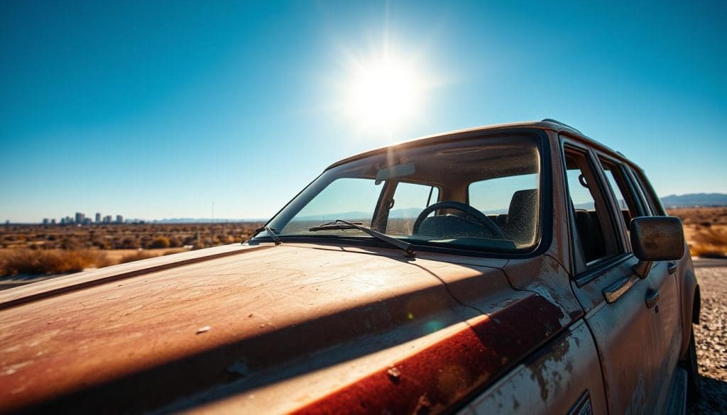 A weathered vehicle parked under the blazing San Antonio sun, showcasing signs of sun damage like faded paint and cracked upholstery. In the foreground, focus on the vehicle's sun-bleached hood and windshield, with intense sunlight casting distinct reflections. In the middle ground, include gravel and dry grass to emphasize the arid environment. The background features a clear blue sky, emphasizing the extreme heat, and distant city buildings that hint at the urban setting. Use soft, bright lighting to enhance the harshness of the sun, with a slight lens flare for a dramatic effect. The overall mood conveys vulnerability and the importance of protecting cars from relentless sun exposure. A weathered vehicle parked under the blazing San Antonio sun, showcasing signs of sun damage like faded paint and cracked upholstery. In the foreground, focus on the vehicle's sun-bleached hood and windshield, with intense sunlight casting distinct reflections. In the middle ground, include gravel and dry grass to emphasize the arid environment. The background features a clear blue sky, emphasizing the extreme heat, and distant city buildings that hint at the urban setting. Use soft, bright lighting to enhance the harshness of the sun, with a slight lens flare for a dramatic effect. The overall mood conveys vulnerability and the importance of protecting cars from relentless sun exposure.