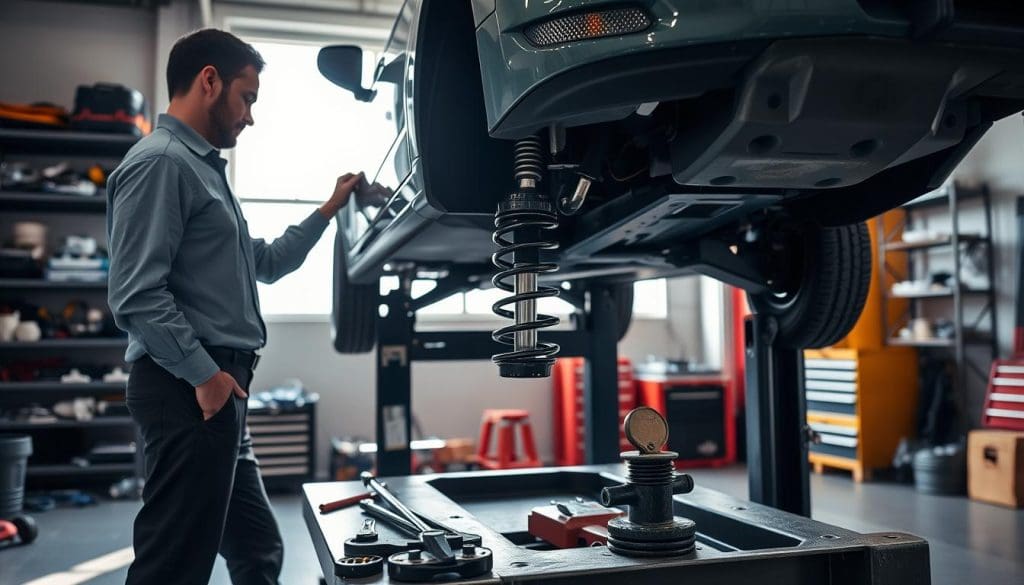 A well-lit garage scene focusing on the suspension test of a vehicle. In the foreground, a figure in professional work attire, such as a shirt and trousers, is inspecting the suspension system of a car lifted on a hydraulic jack. Tools are neatly arranged on a bench nearby. The middle ground features the car's suspension components, showcasing detail in the shock absorbers and springs. In the background, there are shelves filled with automotive tools and parts, and a large window allowing natural light to pour in, creating a bright and focused atmosphere. The image conveys a sense of diligence and attention to detail, perfect for illustrating a home suspension test. A well-lit garage scene focusing on the suspension test of a vehicle. In the foreground, a figure in professional work attire, such as a shirt and trousers, is inspecting the suspension system of a car lifted on a hydraulic jack. Tools are neatly arranged on a bench nearby. The middle ground features the car's suspension components, showcasing detail in the shock absorbers and springs. In the background, there are shelves filled with automotive tools and parts, and a large window allowing natural light to pour in, creating a bright and focused atmosphere. The image conveys a sense of diligence and attention to detail, perfect for illustrating a home suspension test.