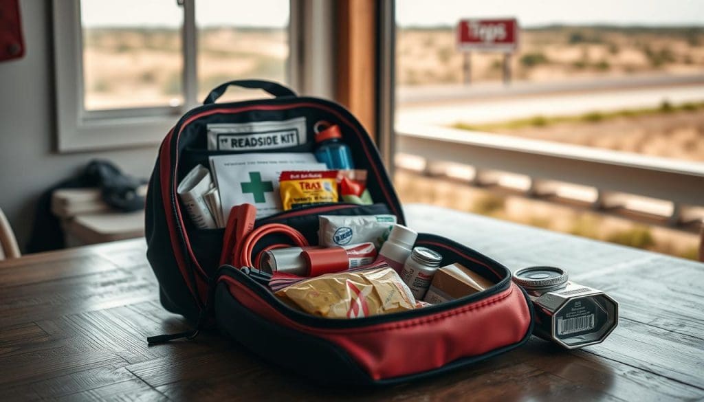 A well-organized emergency roadside kit displayed prominently in the foreground on a wooden table. The kit is open, revealing essential items like a first aid kit, jumper cables, a flashlight, a reflective safety vest, snacks, and a water bottle, all neatly packed inside a sturdy, red and black bag. In the middle ground, soft natural light filters in from a nearby window, casting gentle shadows that highlight the depth and details of the items. The background features a blurred view of a sunny outdoor landscape, hinting at a Texas road trip, with hints of greenery or a distant highway. The mood is practical and reassuring, emphasizing preparedness for any situation during a journey.