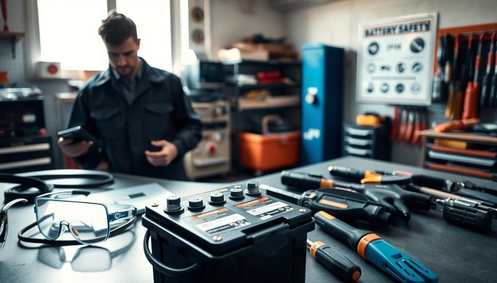 A well-organized garage workspace focused on battery safety. In the foreground, a mechanic wearing professional attire examines a car battery, highlighting the battery's terminals and warning labels. The middle ground features essential safety equipment: safety goggles, gloves, and an insulated tool set arranged neatly on a workbench. In the background, soft natural light filters in through a window, illuminating the clean, organized garage with neatly stored tools and a poster emphasizing battery safety precautions on the wall. The atmosphere conveys professionalism and attentiveness, with a color palette of cool blues and warm whites to evoke a sense of safety and diligence in automotive maintenance.