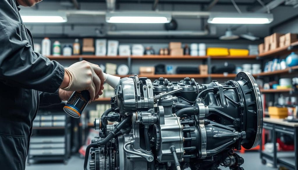 An automotive workshop environment featuring a detailed view of an engine and transmission being carefully inspected and protected. In the foreground, a mechanic in professional attire is applying a protective coating to the engine, showcasing tools and grease stains for authenticity. The middle layer displays the engine and transmission gleaming under bright overhead lights, with intricate details of the components clearly visible. The background includes shelves of automotive supplies and a well-organized workbench, adding depth to the setting. The atmosphere conveys a sense of diligence and expertise, with crisp lighting emphasizing the mechanical details. The scene captures the essence of maintenance and care, inspiring confidence in long-term vehicle reliability.