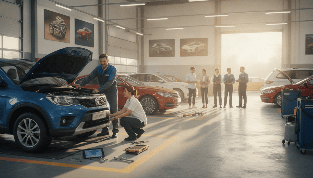 A bright, sunny day at Heaven Automotive, a car inspection facility, showcasing a diverse group of professionals in smart casual clothing performing a thorough vehicle check-up. In the foreground, a mechanic examines the engine of a blue SUV, while another employee inspects the tires. The car is parked on a clean, concrete service area surrounded by tools and equipment. In the middle, customers are engaging with the staff, discussing vehicle maintenance, creating a collaborative atmosphere. The background features a well-equipped workshop with automotive posters on the walls and several cars waiting for inspection. The scene is well-lit, capturing the warmth of the day, evoking a sense of reliability and readiness for a road trip. The composition has depth, focusing on the interactions between staff and customers.