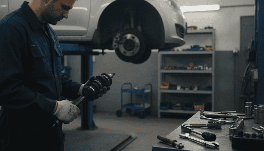 A close-up image of a skilled mechanic working diligently on a CV axle repair in a well-lit, organized workshop. In the foreground, focus on the mechanic, wearing a dark blue coverall and safety gloves, intently examining a disassembled CV axle held in one hand, with tools like a wrench and socket set arranged neatly around. In the middle ground, display the open car with its wheel removed, exposing the axle, while soft shadows emphasize the depth of the workspace. In the background, shelves lined with tools and spare parts create a professional atmosphere, illuminated by soft, overhead fluorescent lighting. The overall mood should be focused and industrious, conveying the importance of prompt action in automotive maintenance.