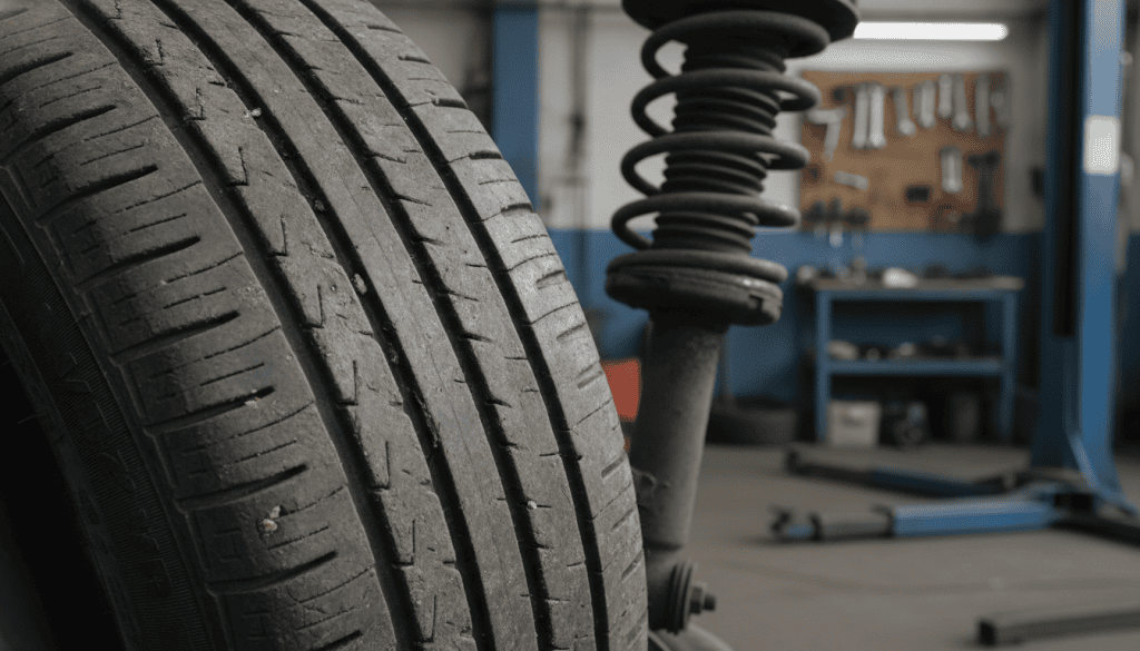 A close-up view of a car tire exhibiting distinct suspension-related wear patterns, highlighting uneven tread depth and sidewall damage. The foreground features the tire at an angle, showcasing detailed textures of the rubber and wear indicators. In the middle ground, a slightly blurred suspension component can be seen, to suggest its connection to the tire wear, with subtle reflections of light emphasizing a metallic finish. The background shows a soft-focus garage environment with tools and a workbench to create a professional setting. Utilize dramatic lighting to cast shadows, enhancing the tire's features and emphasizing the severity of the wear. The overall mood is serious, illustrating the importance of understanding suspension effects on tire performance.