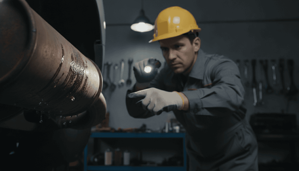 A close-up view of a car's exhaust system, showing visible signs of wear and a leaking exhaust pipe. In the foreground, focus on the surface of the exhaust pipe, with droplets of condensation and soot marks highlighting the leak. In the middle, a mechanic in professional attire inspects the exhaust system, wearing gloves and a safety helmet, demonstrating a diligent investigation of the issue. In the background, a dimly lit garage with tools and car parts adds context. Soft overhead lighting casts shadows, enhancing the seriousness of the situation. The mood should feel urgent yet professional, emphasizing the importance of seeking help for automotive issues.