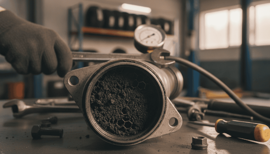 A close-up view of a clogged catalytic converter, showcasing the accumulation of carbon deposits and soot buildup inside the honeycomb structure. The foreground features a detailed examination of the converter’s opening, emphasizing the dark, gritty textures that signify blockage. In the middle, provide context with tools like a mechanic's wrench and a diagnostic gauge to indicate a technician’s work environment. The background should be slightly blurred, displaying a garage setting with automotive parts and equipment, bathed in warm, ambient lighting to create a focused, professional atmosphere. Use a macro lens effect to enhance the intricate details of the catalytic converter, ensuring a clear perspective that highlights the issue at hand.