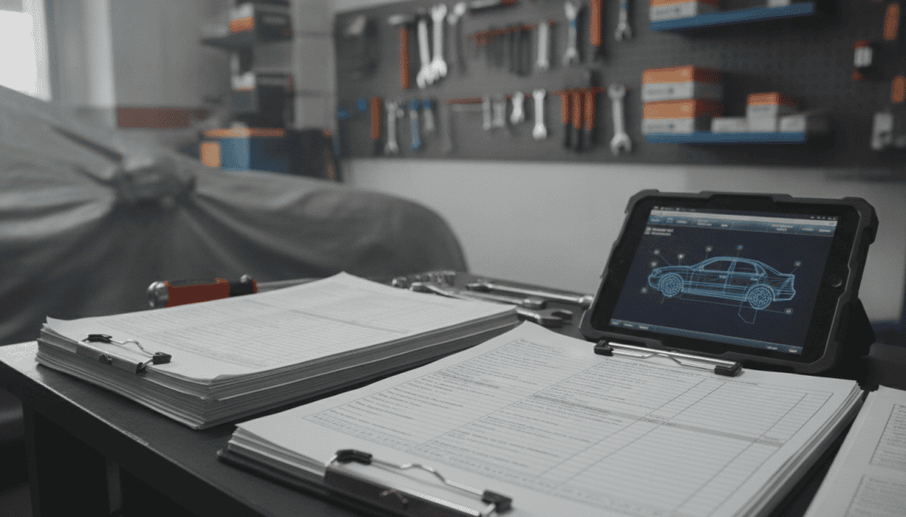 A close-up view of a cluttered desk covered with maintenance records, service invoices, and a repair manual. In the foreground, a pair of well-organized maintenance records, neatly stacked, displaying a range of dates and service details. The middle layer features a mechanic's tool set and a digital tablet showing vehicle diagnostics, subtly hinting at independent shop operations. The background is softly blurred, revealing a workshop with tools hanging on a wall and a car partially visible under a tarp. Soft, natural lighting illuminates the scene, creating a professional and informative atmosphere. The angle is slightly overhead, emphasizing the records’ importance while maintaining a clean and organized look without any text or logos.