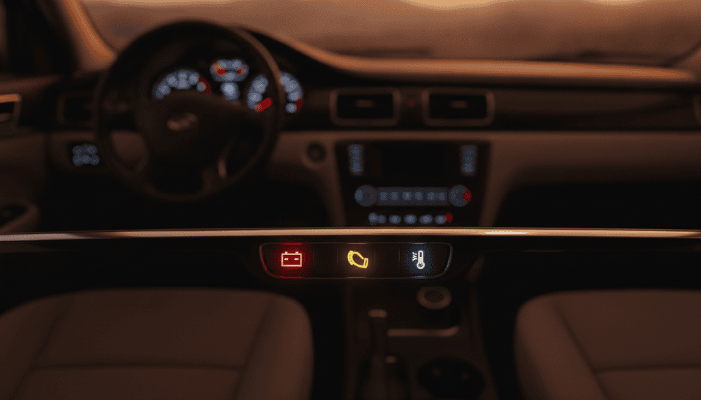 A close-up view of a vehicle dashboard displaying three illuminated warning lights: the battery light, TPMS light, and temperature warning light. The lights are vibrant in color, emitting a soft glow against the dark, glossy surface of the dashboard. The foreground should focus on these warning lights, showcasing their red, yellow, and blue hues in sharp detail. In the middle ground, include the sleek dashboard design, adorned with various monitoring gauges and buttons blurred slightly to emphasize the warning lights. The background should incorporate a softly lit interior of a car, creating an atmosphere of urgency and concern. The lighting is warm and inviting, yet the focus on the warning lights evokes a sense of seriousness that highlights the importance of vehicle maintenance. A close-up view of a vehicle dashboard displaying three illuminated warning lights: the battery light, TPMS light, and temperature warning light. The lights are vibrant in color, emitting a soft glow against the dark, glossy surface of the dashboard. The foreground should focus on these warning lights, showcasing their red, yellow, and blue hues in sharp detail. In the middle ground, include the sleek dashboard design, adorned with various monitoring gauges and buttons blurred slightly to emphasize the warning lights. The background should incorporate a softly lit interior of a car, creating an atmosphere of urgency and concern. The lighting is warm and inviting, yet the focus on the warning lights evokes a sense of seriousness that highlights the importance of vehicle maintenance.