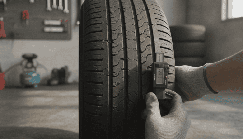 A close-up view of an aged tire showcasing its significant cracking and wear, highlighting the effects of time on rubber. In the foreground, a detailed inspection scene with a mechanic's hands using a specialized tire gauge to measure tread depth, emphasizing precision and care. The middle ground features the tire propped up against a concrete surface, with the sun casting soft diffused light that enhances the textures of the cracked rubber. In the background, a blurred workshop setting with tools and tire equipment to create a professional atmosphere. The overall mood is serious and instructional, focusing on the importance of tire maintenance and safety, captured with a slight downward angle to emphasize the detail in the tire’s deterioration.