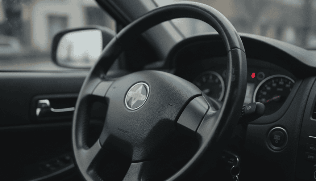 A close-up view of an off-center steering wheel in a car interior. The steering wheel is prominently displayed in the foreground, tilted noticeably to the right, with the dashboard blurred in the background, creating depth. The leather texture of the steering wheel is detailed, showing wear and a subtle sheen from the ambient light. Soft natural lighting filters in from the driver's side window, casting gentle shadows that enhance the contours of the wheel. In the background, the dashboard is faintly visible with dials and controls, suggesting a modern vehicle. The atmosphere conveys a sense of urgency and need for attention, emphasizing the importance of vehicle maintenance.