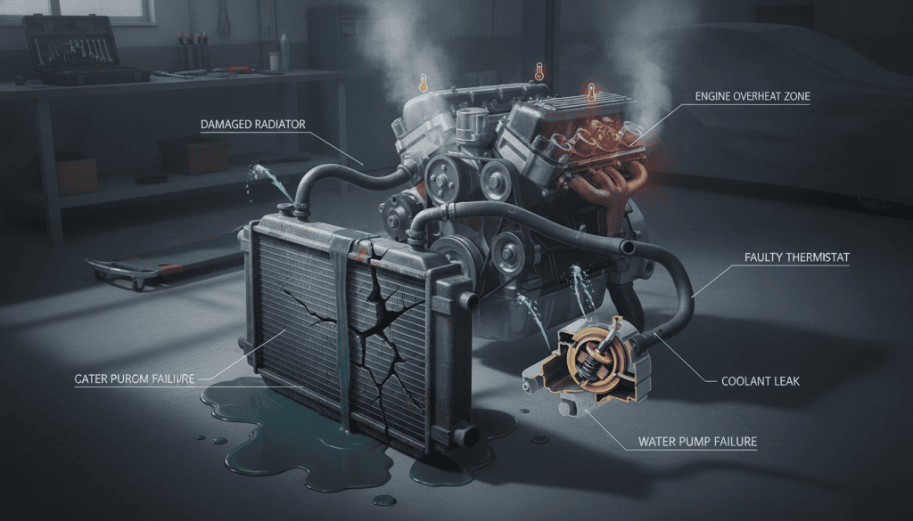 A detailed and technical illustration of a car's cooling system components in the event of radiator failure. In the foreground, focus on a damaged radiator with visible coolant leaks and underperforming hoses, showcasing a close-up view of intricate components like the thermostat and water pump. In the middle ground, include the engine block with highlighted areas showing overheating indicators, like discoloration and steam. In the background, depict a garage setting with tools and a workbench, with soft, ambient lighting that casts gentle shadows, creating a focused atmosphere. Use a slightly angled perspective to emphasize depth, capturing both the mechanical intricacies and the urgency of addressing engine overheating issues.
