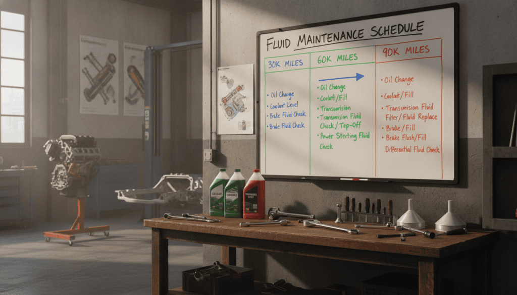 A detailed and visually striking fluid replacement schedule displayed in an automotive workshop setting. In the foreground, a well-organized mechanic’s workspace with tools and fluid containers, showcasing various types of automotive fluids like oil, coolant, and transmission fluid. The middle ground features a large, clear chart or schedule on a whiteboard, annotated with color-coded sections for different fluid checks and replacement intervals—30k, 60k, and 90k miles. The background reveals a clean, well-lit garage with automotive posters, emphasizing a professional atmosphere. Natural lighting filters through windows, highlighting the workspace. The mood is informative and proactive, conveying the importance of regular maintenance in preventing large repairs. No text or logos present.