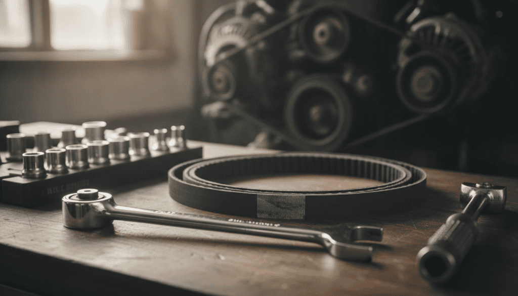 A detailed arrangement of serpentine belt replacement tools meticulously organized on a clean, uncluttered workbench. In the foreground, highlight a tensioner tool, socket set, and a belt removal tool, each polished and reflecting soft light. In the middle, showcase a serpentine belt, slightly coiled, with a faint texture visible. The workbench should have a lightly marred surface, suggesting frequent use. In the background, include a blurred image of a vehicle's engine bay, emphasizing the context without drawing attention away from the tools. Use natural daylight to create a warm, inviting atmosphere while maintaining a technical feel. Capture the scene from a slightly angled overhead perspective for depth, ensuring all items are well-lit without harsh shadows or distractions. A detailed arrangement of serpentine belt replacement tools meticulously organized on a clean, uncluttered workbench. In the foreground, highlight a tensioner tool, socket set, and a belt removal tool, each polished and reflecting soft light. In the middle, showcase a serpentine belt, slightly coiled, with a faint texture visible. The workbench should have a lightly marred surface, suggesting frequent use. In the background, include a blurred image of a vehicle's engine bay, emphasizing the context without drawing attention away from the tools. Use natural daylight to create a warm, inviting atmosphere while maintaining a technical feel. Capture the scene from a slightly angled overhead perspective for depth, ensuring all items are well-lit without harsh shadows or distractions.