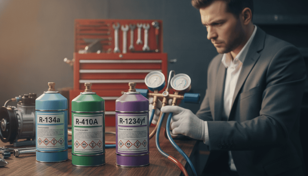 A detailed close-up illustration of various automotive refrigerant types, prominently displayed in a workshop setting. In the foreground, several colorful refrigerant canisters with labels indicating R-134a, R-410A, and R-1234yf, arranged neatly on a workbench made of dark wood. In the middle ground, a technician in a professional business outfit, examining a refrigerant gauge with a focused expression, demonstrating the process of identifying types of refrigerants. The background features an organized toolbox and automotive parts, with soft, diffused lighting to create a calm and professional atmosphere. The image should emphasize clarity and accessibility, drawing attention to the refrigerant types and methods involved in DIY AC recharge without any distractions.