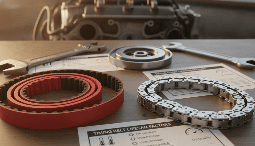 A detailed illustration of a timing belt and timing chain laid out on a mechanic's workbench, showcasing the contrasting designs. In the foreground, the timing belt is vibrant red with detailed teeth, while the metallic timing chain glistens silver under soft lighting. In the middle ground, tools like a wrench and a timing cover sit alongside diagrams depicting factors influencing lifespan, such as temperature, usage, and maintenance. The background features a blurred image of a car engine, hinting at the automotive context. The lighting is warm and inviting, creating a sense of professionalism and expertise, while subtle lens effects add depth to the image. The overall atmosphere is informative and focused, ideal for an educational article. A detailed illustration of a timing belt and timing chain laid out on a mechanic's workbench, showcasing the contrasting designs. In the foreground, the timing belt is vibrant red with detailed teeth, while the metallic timing chain glistens silver under soft lighting. In the middle ground, tools like a wrench and a timing cover sit alongside diagrams depicting factors influencing lifespan, such as temperature, usage, and maintenance. The background features a blurred image of a car engine, hinting at the automotive context. The lighting is warm and inviting, creating a sense of professionalism and expertise, while subtle lens effects add depth to the image. The overall atmosphere is informative and focused, ideal for an educational article.