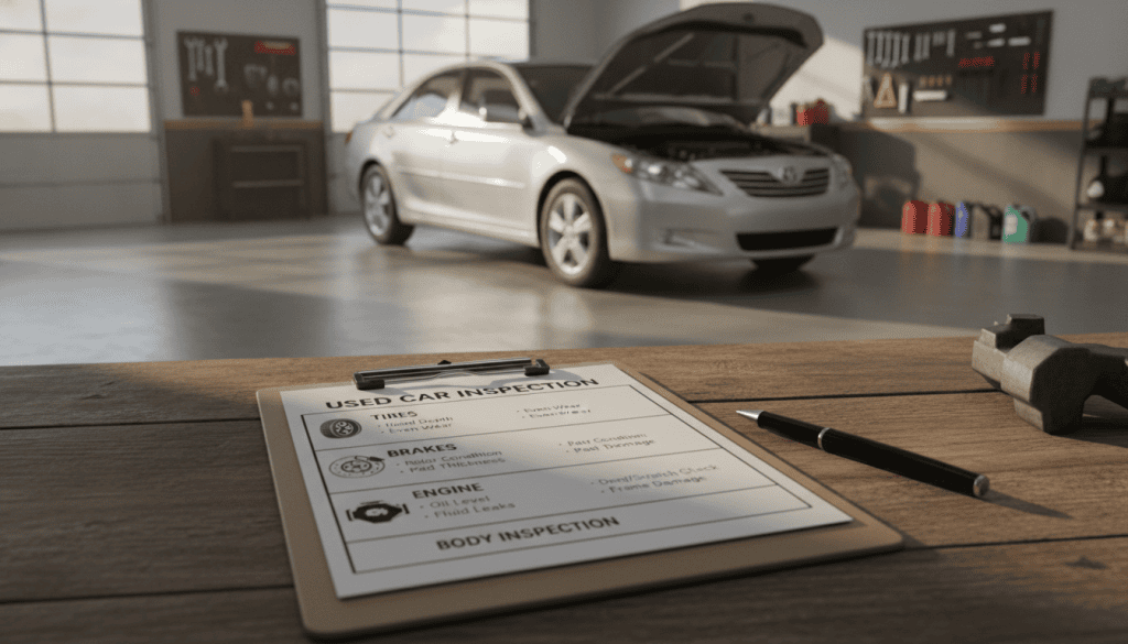 A detailed used car checklist spread out on a wooden table, with a focus on a clipboard holding a checklist titled 'Used Car Inspection', featuring icons for items like tires, brakes, engine, and body inspection. In the foreground, a pen lies beside the clipboard, ready to mark off checked items. The middle ground showcases a bright, sunlit garage where a gently used car—like a sedan—sits on display. In the background, a soft-focus of tools and car accessories suggests a mechanic's workspace. The atmosphere is one of professionalism and diligence, with warm lighting emphasizing a sense of thoroughness and care. Capture this scene with a slightly elevated angle to give a comprehensive view of the checklist and the vehicle. A detailed used car checklist spread out on a wooden table, with a focus on a clipboard holding a checklist titled 'Used Car Inspection', featuring icons for items like tires, brakes, engine, and body inspection. In the foreground, a pen lies beside the clipboard, ready to mark off checked items. The middle ground showcases a bright, sunlit garage where a gently used car—like a sedan—sits on display. In the background, a soft-focus of tools and car accessories suggests a mechanic's workspace. The atmosphere is one of professionalism and diligence, with warm lighting emphasizing a sense of thoroughness and care. Capture this scene with a slightly elevated angle to give a comprehensive view of the checklist and the vehicle.