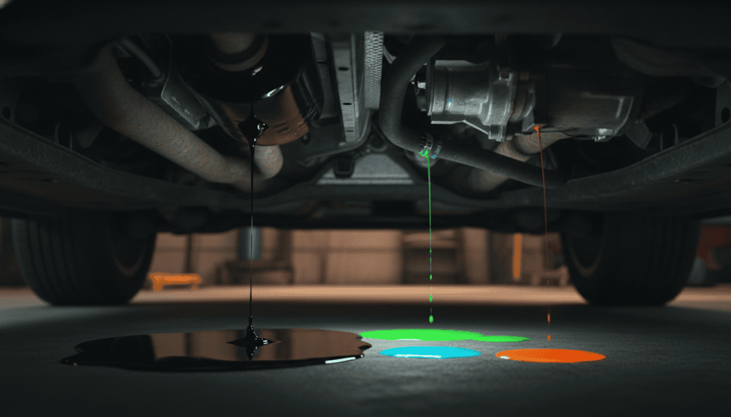 A detailed view of a car's undercarriage showcasing two distinct fluid puddles: one side featuring a dark, oily puddle with a shiny, reflective surface representing an oil leak, and the other side showing vibrant green, blue, and orange puddles representing coolant leaks. The foreground captures the textures of the car's underbody components, while the background softly blurs to suggest a garage environment with dim lighting. Use an angle that emphasizes the contrast between the two leaks, creating a clear division. The overall mood is informative and focused, aiming to enhance the viewer's understanding of automotive issues without any distractions or clutter in the scene. A detailed view of a car's undercarriage showcasing two distinct fluid puddles: one side featuring a dark, oily puddle with a shiny, reflective surface representing an oil leak, and the other side showing vibrant green, blue, and orange puddles representing coolant leaks. The foreground captures the textures of the car's underbody components, while the background softly blurs to suggest a garage environment with dim lighting. Use an angle that emphasizes the contrast between the two leaks, creating a clear division. The overall mood is informative and focused, aiming to enhance the viewer's understanding of automotive issues without any distractions or clutter in the scene.