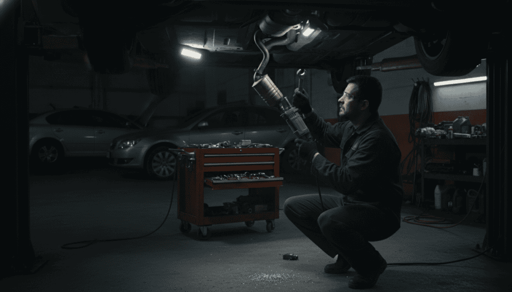 A dimly lit garage serves as the setting, featuring a car on a lift with its undercarriage exposed. In the foreground, a professional mechanic in a dark blue uniform, focused and alert, is carefully inspecting a partially removed catalytic converter, illustrating the theft process with precise tools in hand. The middle ground showcases the mechanic’s toolbox, organized with various wrenches and equipment. In the background, faint outlines of other vehicles and a cluttered workbench can be seen, adding depth to the scene. The lighting is dramatic, with focused beams illuminating the work area while casting shadows that create a tense atmosphere. The image conveys the seriousness of automotive issues associated with catalytic converters without any distracting elements like people in casual clothing or logos.
