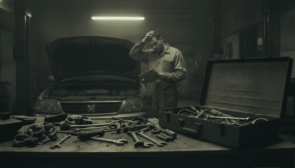 A dimly lit garage showcasing several warning signs of a poor mechanic. In the foreground, a disorganized workbench with scattered tools and a messy oil-stained surface, suggesting neglect. In the middle ground, a suspicious mechanic in a worn-out jumpsuit, examining a vehicle with a puzzled expression, holding a clipboard filled with untrustworthy notes. A partially open toolbox reveals broken tools and excessive dust, symbolizing unprofessionalism. In the background, a flickering fluorescent light casts an eerie glow, enhancing the atmosphere of uncertainty. Color tones should be muted, emphasizing a sense of warning and unease while maintaining a professional aesthetic. The overall feel should convey caution and awareness, without the presence of any logos or text elements. A dimly lit garage showcasing several warning signs of a poor mechanic. In the foreground, a disorganized workbench with scattered tools and a messy oil-stained surface, suggesting neglect. In the middle ground, a suspicious mechanic in a worn-out jumpsuit, examining a vehicle with a puzzled expression, holding a clipboard filled with untrustworthy notes. A partially open toolbox reveals broken tools and excessive dust, symbolizing unprofessionalism. In the background, a flickering fluorescent light casts an eerie glow, enhancing the atmosphere of uncertainty. Color tones should be muted, emphasizing a sense of warning and unease while maintaining a professional aesthetic. The overall feel should convey caution and awareness, without the presence of any logos or text elements.