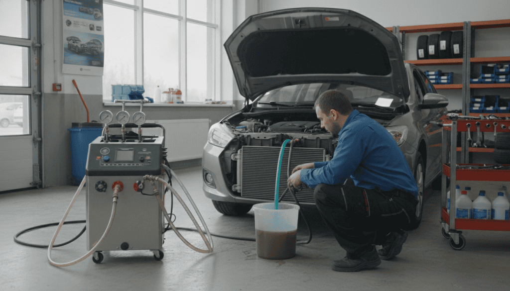 A mechanic in a modern auto repair shop is performing a coolant flush on a car's engine. In the foreground, the mechanic, dressed in a blue work shirt and black pants, is focused on using a coolant flush machine with various hoses connected to it, illustrating the process of changing the coolant fluid. In the middle ground, an open hood reveals the car's engine, with bright teal coolant being drained into a container. Tools and spare parts are neatly organized on shelves in the background, bathed in natural light from large workshop windows. The atmosphere is professional yet energetic, highlighting the importance of regular maintenance in preventing engine damage. The image should have a slightly high angle for a comprehensive view of the work area.