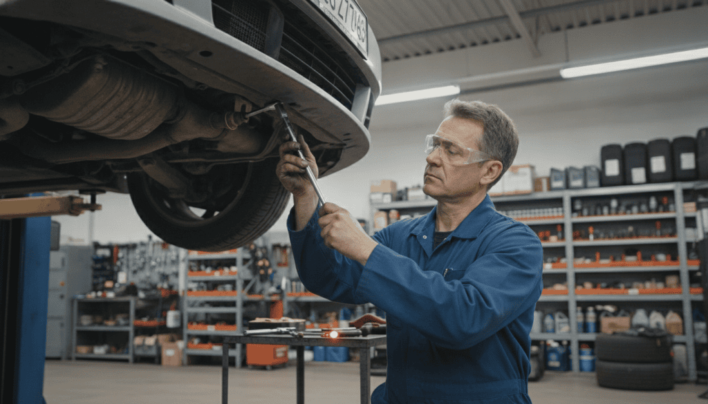 A mechanic in a well-lit automotive workshop carefully replacing an oxygen sensor in a vehicle. The foreground features the mechanic, a middle-aged individual in professional work attire, using a wrench to remove the old sensor, showcasing concentration and expertise. The middle ground includes the car’s undercarriage, highlighting the location of the oxygen sensor. The background displays shelves lined with various automotive tools and parts, creating a busy yet organized environment. Bright overhead lights illuminate the scene, casting soft shadows and enhancing the details of the mechanical components. The mood is focused and industrious, emphasizing the importance of timely repairs for vehicle performance and emissions.