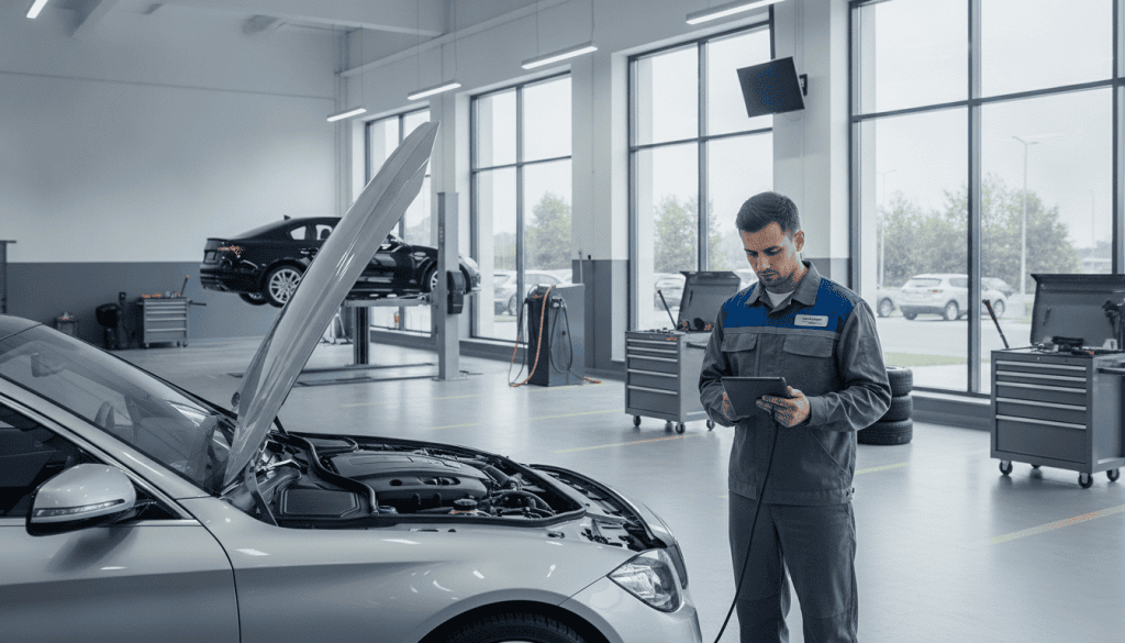 A modern automotive service center, showcasing a spacious and well-organized workshop area. In the foreground, a qualified technician in a professional uniform inspects a car's engine, using specialized tools with a focused expression. The middle ground reveals multiple service bays equipped with clean, high-tech machinery and various tools, radiating a sense of professionalism and efficiency. In the background, large windows allow natural light to flood the space, illuminating the room with a bright, welcoming atmosphere. The color scheme is a blend of cool grays and blues, reinforcing a professional vibe. The image should convey a mood of trust and reliability, making it clear that this vehicle service environment is committed to excellence and customer satisfaction. A modern automotive service center, showcasing a spacious and well-organized workshop area. In the foreground, a qualified technician in a professional uniform inspects a car's engine, using specialized tools with a focused expression. The middle ground reveals multiple service bays equipped with clean, high-tech machinery and various tools, radiating a sense of professionalism and efficiency. In the background, large windows allow natural light to flood the space, illuminating the room with a bright, welcoming atmosphere. The color scheme is a blend of cool grays and blues, reinforcing a professional vibe. The image should convey a mood of trust and reliability, making it clear that this vehicle service environment is committed to excellence and customer satisfaction.