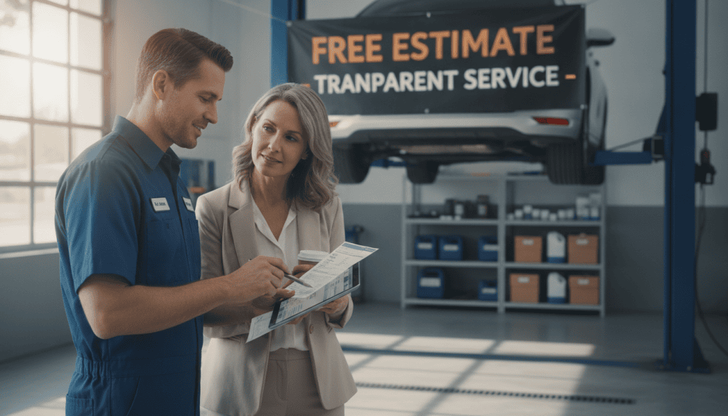 A professional automotive technician in a clean, well-lit garage environment, reviewing a detailed inspection report with a client. The technician, dressed in a neat uniform, is explaining the estimates clearly while a car is lifted on a hydraulic rack in the background. Tools and parts are organized on shelves, conveying a sense of order and professionalism. Warm sunlight streams in through the garage windows, creating a welcoming and trustworthy atmosphere. The angle captures both the focused interaction and the surroundings, highlighting the importance of a free estimate before any work begins. The mood is approachable and informative, emphasizing clear communication and transparency. A professional automotive technician in a clean, well-lit garage environment, reviewing a detailed inspection report with a client. The technician, dressed in a neat uniform, is explaining the estimates clearly while a car is lifted on a hydraulic rack in the background. Tools and parts are organized on shelves, conveying a sense of order and professionalism. Warm sunlight streams in through the garage windows, creating a welcoming and trustworthy atmosphere. The angle captures both the focused interaction and the surroundings, highlighting the importance of a free estimate before any work begins. The mood is approachable and informative, emphasizing clear communication and transparency.