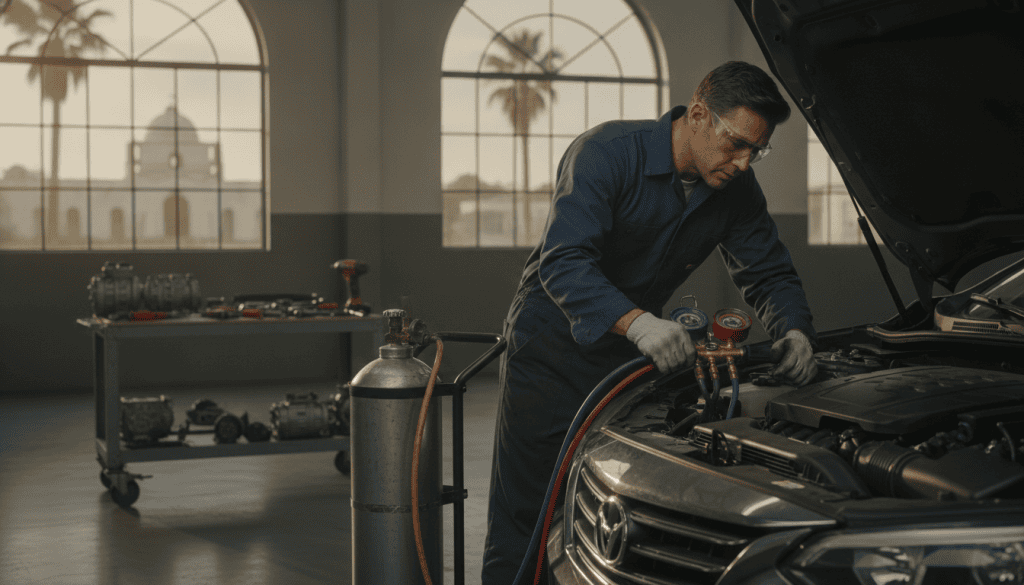 A professional car mechanic working diligently on a car's air conditioning system in a well-lit repair shop in San Antonio. The foreground features the mechanic, wearing a blue work shirt and safety goggles, inspecting the AC unit with a focus on tools like a manifold gauge and refrigerant tank. In the middle ground, a few car parts are organized neatly on a workbench, highlighting the environment of a bustling auto repair shop. The background showcases a bright, airy workshop with large windows letting in sunlight, enhancing the warm, summer ambiance. The lighting is warm and inviting, conveying a sense of professionalism and expertise, with soft shadows enhancing the details of the mechanic's focused expressions.