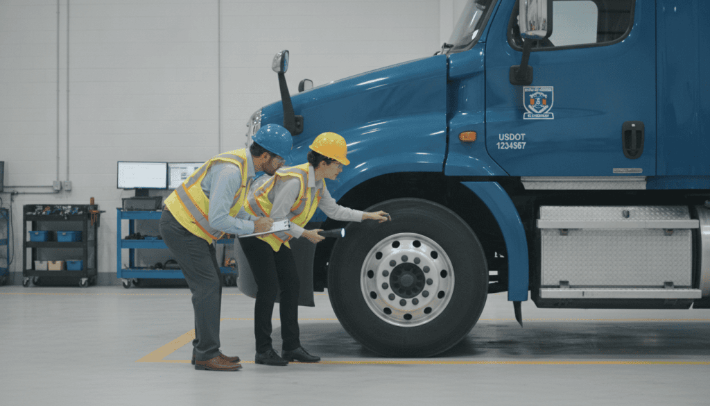 A professional male and female DOT safety inspector in business attire inspect a commercial truck at a well-lit maintenance facility in San Antonio. In the foreground, the inspectors are examining the vehicle's brake system, using a clipboard and flashlight. The middle ground features the truck prominently, showcasing its clean, well-maintained body and clearly visible safety markings. In the background, tools and diagnostic equipment are neatly arranged, adding to the atmosphere of professionalism. The lighting is bright and even, with soft shadows to create a sense of depth. The mood is focused and diligent, highlighting the importance of safety compliance and readiness for inspections.