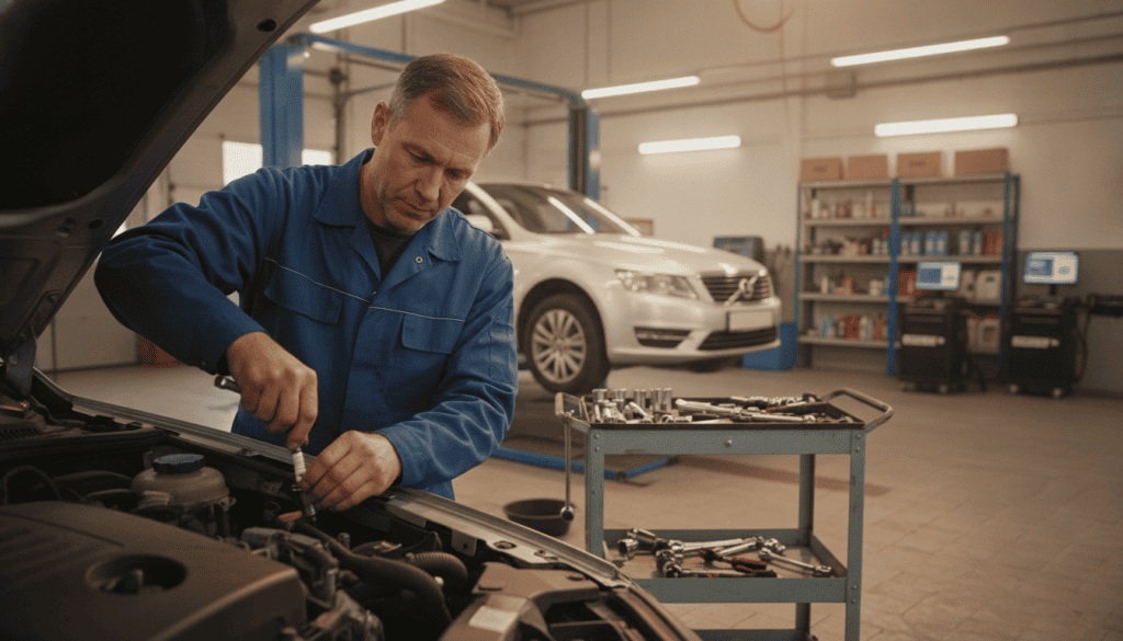 A professional mechanic in blue coveralls is focused on replacing a spark plug in a car engine, situated prominently in the foreground. The mechanic, a middle-aged Caucasian male, has a determined expression, showcasing his expertise. In the middle ground, the car is lifted on a hydraulic lift, with various tools and spark plugs neatly organized nearby, emphasizing the thoroughness of the service. The background features a clean, well-lit auto repair shop, with shelves stocked with automotive parts and diagnostic equipment. Soft, warm lighting creates an inviting atmosphere, highlighting the meticulous work and professionalism of the service. The angle is slightly overhead, providing a clear view of the mechanic's hands at work, capturing the intricate details of the spark plug and engine components.