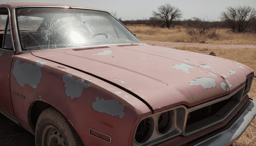 A sun-damaged car parked under the relentless Texas sun, highlighting the effects of extreme heat on its exterior. The foreground features close-up shots of a cracked windshield and faded paint, showing the distress caused by UV exposure. In the middle ground, the car's hood is peeling, and its tires are weathered and dry. The background includes a dusty, sun-bleached landscape typical of South Texas, perhaps with sparse vegetation and a clear blue sky to emphasize the harsh climate. The lighting is bright and harsh, casting strong shadows to accentuate the car's wear. The atmosphere conveys a sense of neglect and the inevitability of sun damage over time, focusing solely on the vehicle and environment, with no people or logos present.