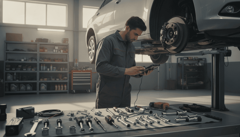 A well-lit automotive repair shop scene, featuring a technician in a professional uniform, examining the ABS system of a vehicle on a hydraulic lift. In the foreground, a modern tool set with wrenches and diagnostic equipment is laid out neatly. In the middle, the car is an unmarked sedan, showcasing the undercarriage where the ABS components can be seen. The technician, a focused individual, is using a scanner to check the diagnostic codes on a tablet. The background includes shelves stocked with tools and parts, creating an organized and inviting atmosphere. Soft, natural light filters in through high windows, casting a warm glow over the scene, evoking a sense of professionalism and attention to detail in brake repair. A well-lit automotive repair shop scene, featuring a technician in a professional uniform, examining the ABS system of a vehicle on a hydraulic lift. In the foreground, a modern tool set with wrenches and diagnostic equipment is laid out neatly. In the middle, the car is an unmarked sedan, showcasing the undercarriage where the ABS components can be seen. The technician, a focused individual, is using a scanner to check the diagnostic codes on a tablet. The background includes shelves stocked with tools and parts, creating an organized and inviting atmosphere. Soft, natural light filters in through high windows, casting a warm glow over the scene, evoking a sense of professionalism and attention to detail in brake repair.