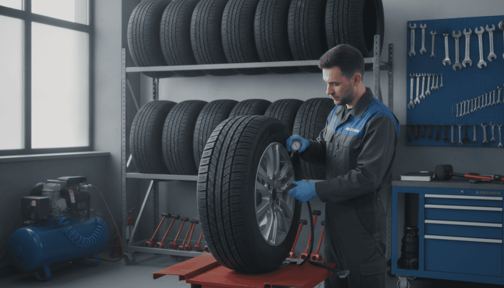 A well-lit automotive workshop scene showcasing tire maintenance. In the foreground, a professional mechanic in a clean, modest uniform is carefully inspecting a tire on a hydraulic lift. The mechanic is using a tire pressure gauge, demonstrating attention to detail. In the middle ground, additional tires are neatly arranged on shelves, with tools like tire irons and a tire rotation manual visible. The background features equipment like an air compressor and a wall-mounted tool organizer, creating an organized, efficient atmosphere. Soft, natural lighting filters through a window, highlighting the shiny surface of the tires and enhancing the professional ambiance. The mood is informative and industrious, reflecting a commitment to vehicle safety and maintenance. A well-lit automotive workshop scene showcasing tire maintenance. In the foreground, a professional mechanic in a clean, modest uniform is carefully inspecting a tire on a hydraulic lift. The mechanic is using a tire pressure gauge, demonstrating attention to detail. In the middle ground, additional tires are neatly arranged on shelves, with tools like tire irons and a tire rotation manual visible. The background features equipment like an air compressor and a wall-mounted tool organizer, creating an organized, efficient atmosphere. Soft, natural lighting filters through a window, highlighting the shiny surface of the tires and enhancing the professional ambiance. The mood is informative and industrious, reflecting a commitment to vehicle safety and maintenance.